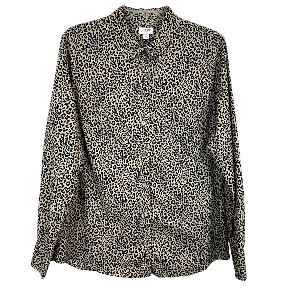 J. Crew Leopard Animal Print 100% Cotton Button Up Shirt Navy Tan Size XL